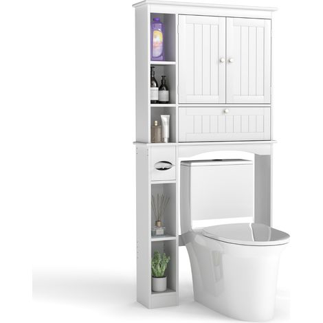 Mobiletto sopra wc con 2 ante e ripiano regolabile e barra inferiore, Organizzatore salvaspazio per bagno e lavanderia Bianco (1/4)