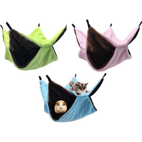 Ensemble trois pièces : lit marteau, hamac pour rongeurs, balançoire, cage pour rongeurs (34 x 34 cm), bleu, vert et rose, en peluche. Convient aux ha (1/5)
