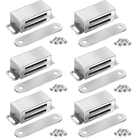 Ferme-porte magnétique 6 kg de force de traction, aimant puissant, verrou de meuble, quincaillerie magnétique, ferme-porte en acier inoxydable chromé (lot de 6)