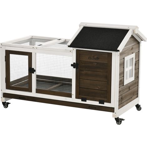 Clapier cage à lapins rongeurs sur roulettes 2 portes verrouillables - dim. 108L x 58l x 73,5H cm - bois