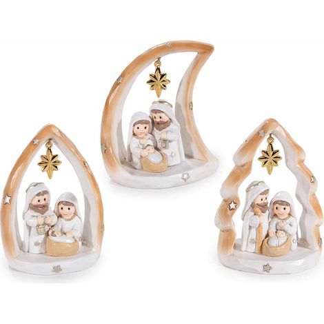 Decorazione Presepe / Sacra Famiglia in resina colorata con stella pendente dorata, set da 3 pezzi, cm 7,5 x 5 x 9,5 H
