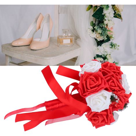 PE-Brautstrauß, künstliche Blumen für Hochzeiten, Büro- oder Heimdekoration, leuchtend rot. (1/5)