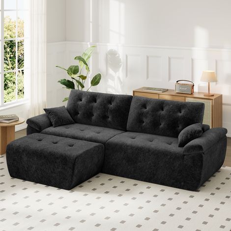 Canapé modulable en chenille noir mousse haute densité avec pouf,Canapé salon 275cm style nuage confortable,Compressé sans montage (1/5)