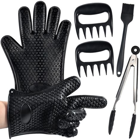 4 pièces Accessoires de barbecue, gants en silicone, griffes à viande, pinceau à badigeonner, pinces alimentaires, résistants à la chaleur (1/5)