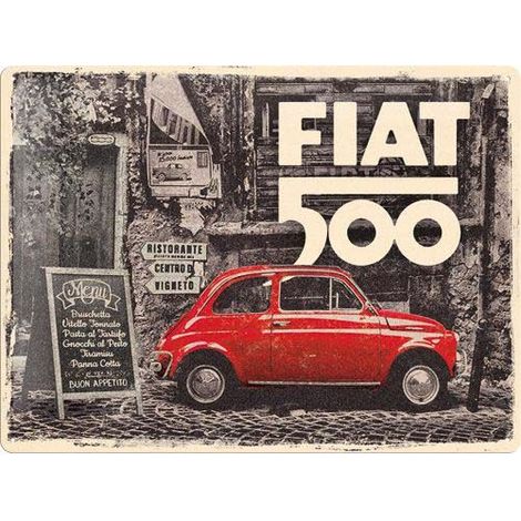 Plaque décorative en métal en relief 40 x 30 cm Fiat 500 - Red car in the street (1/2)