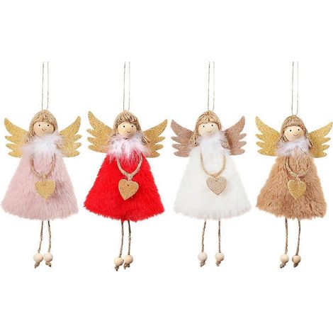Lot de 4 pendentifs anges en peluche en forme de cœur à suspendre, décorations de Noël créatives pour la maison et les fêtes (blanc, rose, kaki, rouge)-17X10cm