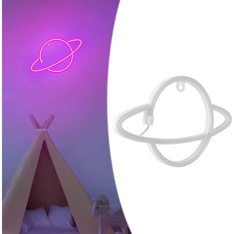 Veilleuse néon en latex en forme de planète, lampe décorative néon pour la maison, la chambre, le bar/Noël/mariage/anniversaire, double usage USB + boîtier à piles, rose. (1/5)