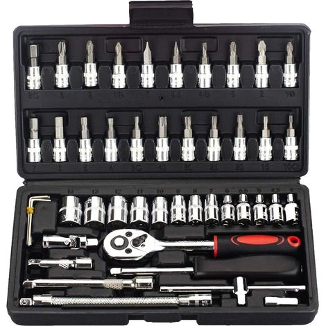 46 Pièces Kit de Prise et Clé - 34 Embouts et Tournevis pour Douille 1/4'' - Avec Tiges D'Extension, Cliquet Réversible À Dégagement Rapide, Poignée - Pour Réparation Automobile