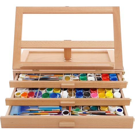 Painting Holder Stand with Drawers, Wooden Drawing Easel, Art Desk  Beech wood with metal fittings, 3 drawers for tools, 35-60° adjustable 4 angles, foldable, for studio classroom sketching (1/5)
