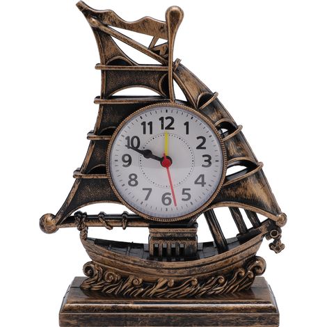 Horloge Figurine Bateau Voilier Décoration Nautique Rétro en Plastique 21cm Alarme de Bureau Style Maritime Ancien (1/5)