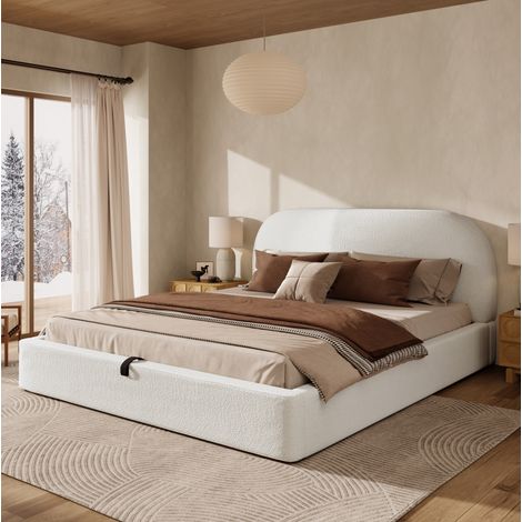 Letto a cassone adulti 180x200 cm con testiera e pediera arrotondate, rete a doghe, senza fondo, senza materasso, beige (1/5)