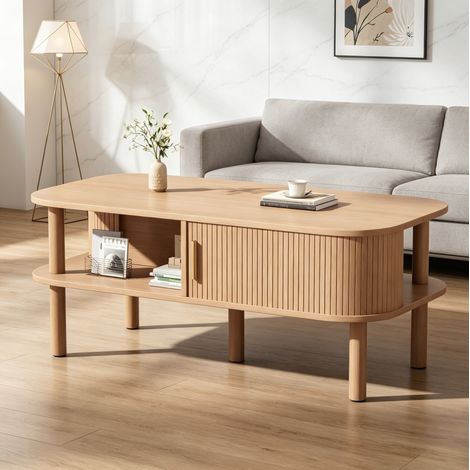 Couchtisch 110x55x45 cm, Schiebetür mit vertikaler Riffelung, offene Fächer, MDF, Holzfarbe (1/5)