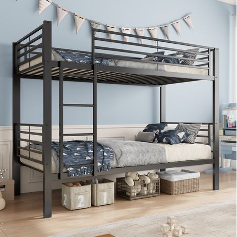 Litera metálica 90x200 cm convertible en 2 camas individuales, escalera izquierda/derecha, estructura estable, negro (1/5)