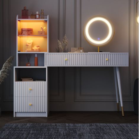 Schminktisch aus Spanplatte in Weiß mit LED-Spiegel, 4 Schubladen und beleuchteter Vitrine (1/5)