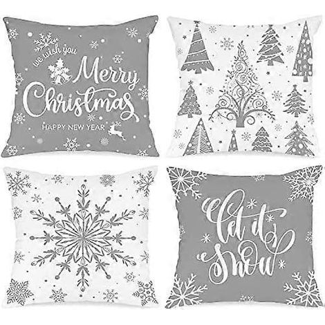 Lot de 4 housses de coussin de Noël blanches et grises Lanpn 40x40, motif flocons de neige gris décoratifs, 16x16, pour la chambre à coucher. (1/4)