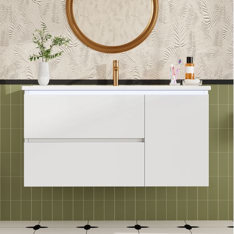 Mobile lavabo sospeso 91.5x46.5x50.5 cm, con 2 cassetti, luce LED a sensore radar, ceramica, bianco (1/5)