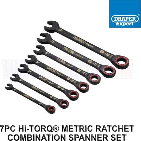 Draper Expert 7-Piece HI-TORQ Metric Ratchet Combination Spanner Set (8-19mm) in Black with 100T Gear for Professional Mechanical and Automotive Use (1/4)