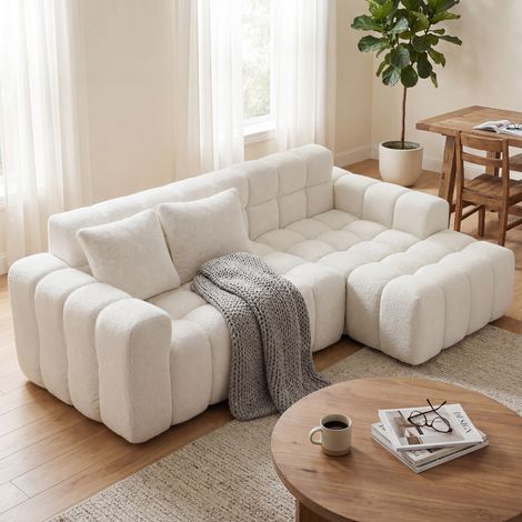 Sofá esquinero modular con chaise longue derecha, tapizado en terciopelo texturizado blanco, sin montaje (1/5)