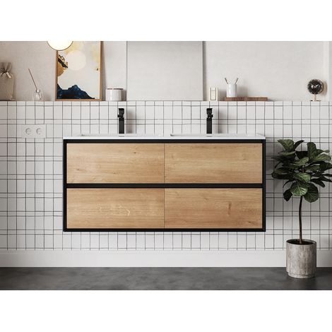 Mobile bagno sospeso 120 cm con lavabo a incasso Naturale Chiaro e Nero - LANNICK (1/5)