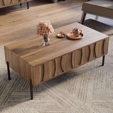 Tavolino da salotto fisso con 2 cassetti motivo onda in legno e piedi in metallo - 105 x 55 x 41 cm - stile naturale rétro
