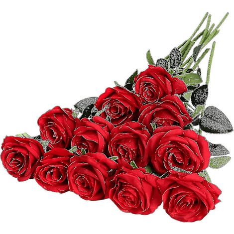 Lot de 12 roses rouges artificielles Fong, fleurs en soie réalistes, roses épanouies, bouquet de mariée à longue tige, pour la maison, blanches-AquaForge (1/5)