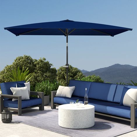 Sombrilla de Aluminio 198x294x255 Parasol Rectangular de Jardín Inclinable con Manivela y Poste Desmontable Azul Marino