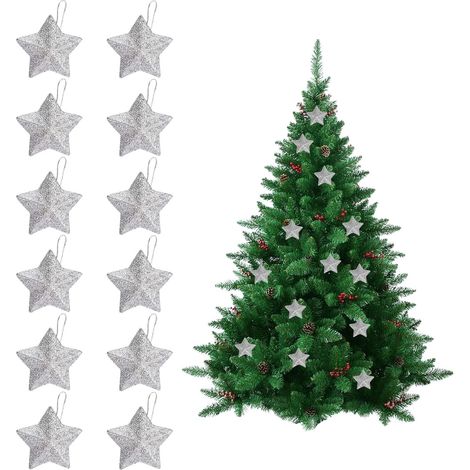 Set mit 12 Weihnachtsbaumkugeln – Goldene Sterne – Kleine Glitzersterne – Weihnachtsbaumschmuck – Goldener Anhänger – Für Weihnachtsdekoration – Silber
