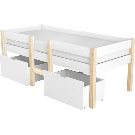 Cama cabina infantil semialta 90 x 200 cm con cajón y barrera, blanco y roble (1/5)