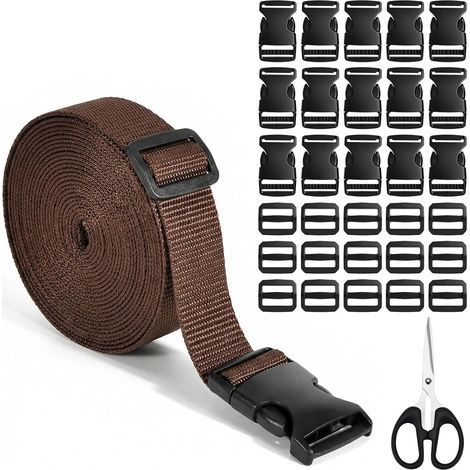 10M Sangle Nylon 25 mm avec 15 Pcs Boucles en Plastiques, 15 Pcs Tri Glide Slider Slider, 1 Ciseaux, Marron Foncé Attache Sangle Nylon pour Sac à Dos, DIY Artisanat, Tente, Collier de Chien (1/5)