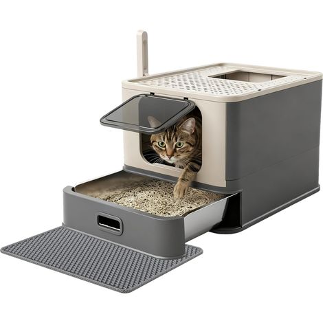 Bac à Litière Chat XL en Acier Inoxydable, Maison de Toilette Fermée, Double Entrée, Pliable et Anti-Fuite, avec Pelle et Tapis, pour Grands Chats (1/5)
