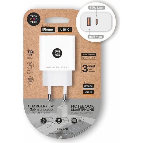 "eKo" Ultra-Schnellladegerät für Mobilgeräte und Notebooks USB-C 65W GaN und USB-A 18W Weiß (Kabel enthalten)