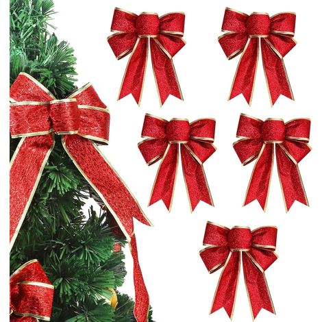 Set mit 5 roten Weihnachtsschleifen, 16 x 18 cm, Dekorationen für Weihnachtsbäume, Weihnachtskränze, Weihnachtsfeiern, Geschenkdekorationen (1/5)