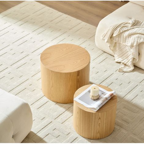 Set de 2 mesas de centro nido Ø48x38 + Ø38x32 cm natural en MDF ahorra espacio (1/3)