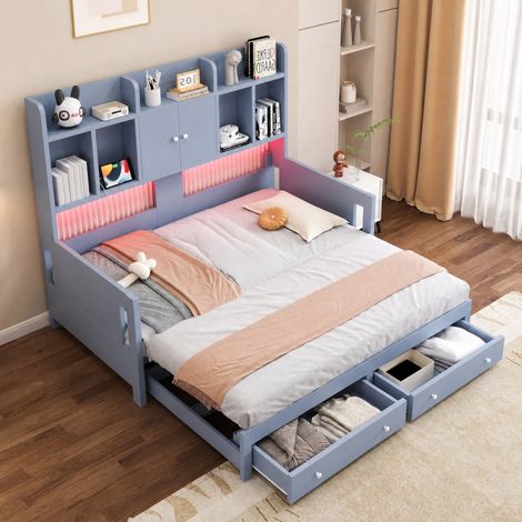 Divano letto estensibile 90 x 190 / 180 x 190 con contenitori, prese e LED, grigio HAVRYA (1/5)