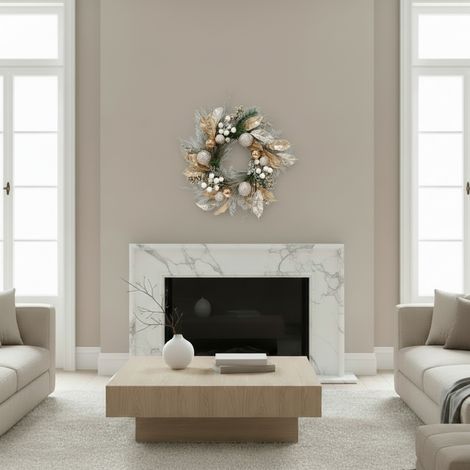 Ghirlanda con foglie color oro e champagne, con fiori artificiali Ø 50 cm (1/3)