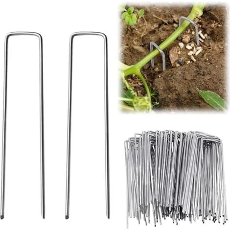 Lot de 100 piquets en U en acier galvanisé (largeur 4 cm) pour la fixation sûre du paysage, tissu, membranes pour mauvaises herbes, terre, feuilles polaires, fixation pour tissu, herbe (1/4)