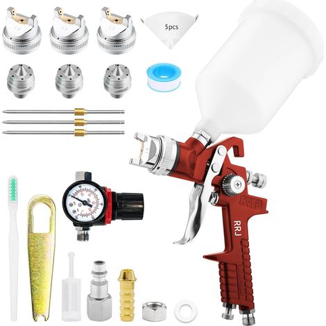 Pistolet a Peinture avec 3 Buses 1,4/1,7/2,0mm Régulateur d'air Coupelle 600cc Pistolet à Pulvérisation à Alimentation par Gravité, Meubles de Voiture Pistolets de réparation (Rouge) (1/5)