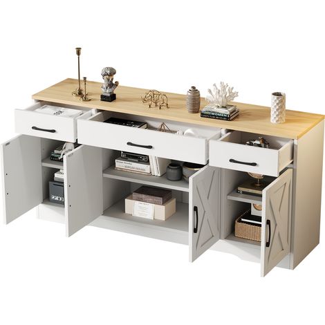 Buffet de rangement blanc mat en MDF avec plateau couleur bois, 3 tiroirs et 4 portes, meuble de salon ou salle à manger, 160 x 37 x 75 cm (1/5)
