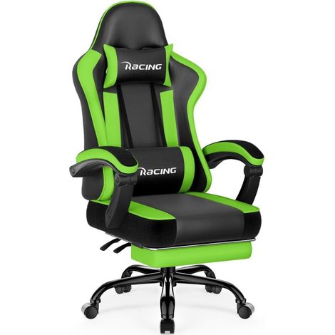 Ergonomischer Gaming Stuhl mit verstellbaren Kissen, Fußstütze - Grün (1/5)