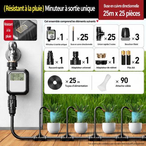 Programmateur d’arrosage avec capteur pluie, tuyau 25 m et 25 buses laiton 25 m25 b13 30 × 20 × 20 cm 2,3 kg – Livraison gratuite