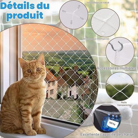 Cat Balcony Netting, 3 x 10 m Reinforced Cat Net, Protective Nets Without Drilling, Anti-Cat Nets with Hook Attachment for Securing Balconies, Terraces, Windows, Skylights and Doors (1/2)