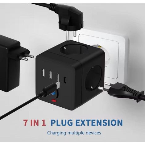 ORION91oficial® - Múltiple Clavija Enchufe 7 en 1 Negro, Protector contra sobretensiones, 3 salidas de CA, 3 USB, 1 tipo C, Carga Rápida - spaziOrion91 - unidad (1/5)