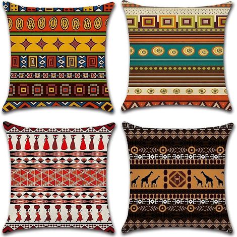 Lot de 4 housses de coussin décoratives en coton et lin, style ethnique, pour canapé, chambre, maison - 45 x 45 cm (1/5)