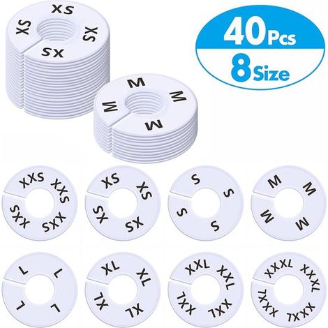 Divisori per taglie di abbigliamento - Grucce divisorie per armadio - Organizza i vestiti - Prestampate in 8 taglie - 40 pezzi - Bianco (1/5)