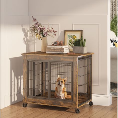 Cage pour chien d’intérieur 80x56x69,5 cm en bois et acier marron/noir, sur roulettes – MEUBLIV (1/5)