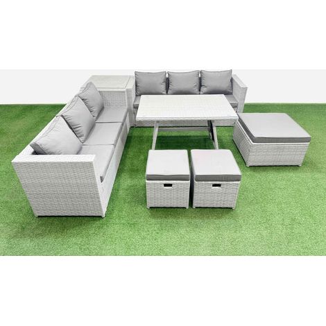Fimous Rattan Garden Furniture Dining Set 9-seater Patio Rectangular Table 3 Seater Sofa Set with Side Table 3 Stools Light Grey (1/4)