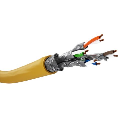 GHMT-zertifiziertes CAT 8.1 Verlegekabel, S/FTP (PiMF), gelb, Kupferleiter (CU), AWG 22/1 (solid), halogenfrei (LSZH). Kabellänge 100 m