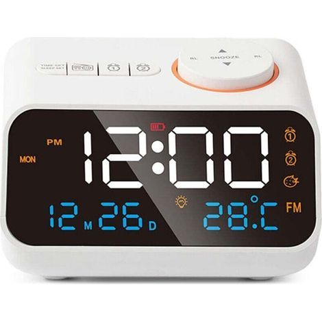 Radio-réveil multifonction à LED, minuteur musical, radio FM rechargeable, réveil pour la maison, blanc (1/5)
