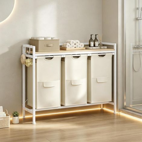 Mobile con 3 cesti portabiancheria estraibili, 96x30x71 cm, bianco rovere chiaro HAVRYA (1/5)