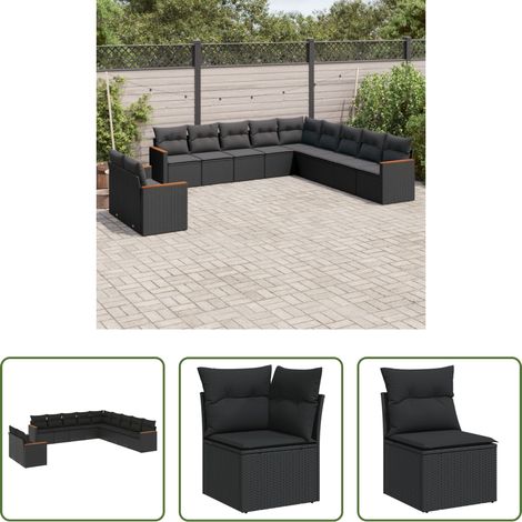 Rattanmöbel -  11-tlg. Garten-Sofagarnitur mit Kissen Schwarz Poly Rattan (1/5)